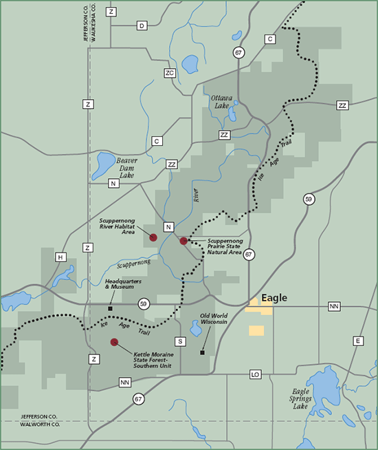 Kettle Moraine State Forest - Southern Unit, Scuppernong River Habitat Area and Scuppernong Prairie State Natural Area map