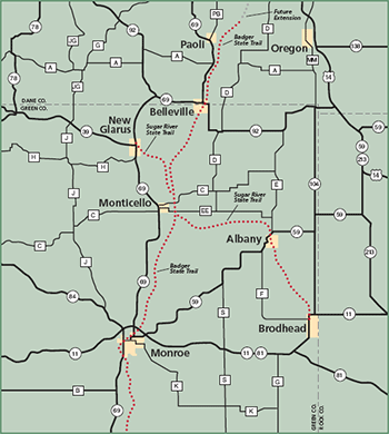 Sugar River and Badger State Trail map